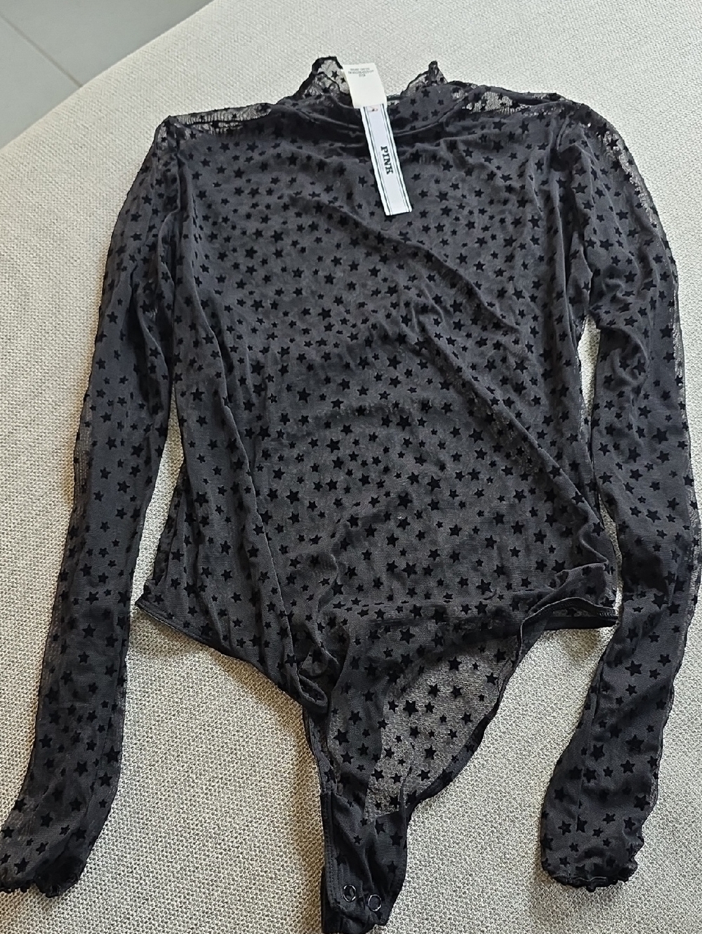 PINK Victoria's Secret Black Star Mesh Long-Sleeve Bodysuit